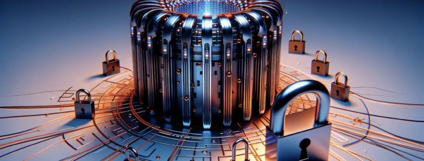 This photo-realistic image shows a quantum computer with an advanced design, overshadowing traditional encryption symbols, representing the challenge quantum computing poses to current security measures. The color palette includes orange and blue, set against a clean background.
