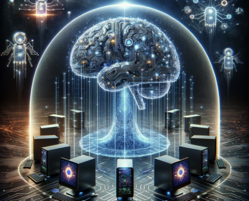 The image is a conceptual representation of AI technology shielding a network from cyber threats. At the center, there's a large, futuristic AI brain composed of glowing circuits and digital elements. This brain emits a protective shield, visualized as a semi-transparent, holographic dome that covers a network of interconnected computers. These computers have a modern design with glowing screens, connected by pulsating data streams. Surrounding the shielded network are abstract figures symbolizing cyber threats like viruses, trojans, and malware. These threats are portrayed as dark, ominous shapes with sharp, angular designs attempting to breach the shield but being repelled. The background resembles deep space, highlighting the advanced and high-tech theme of AI and cybersecurity.