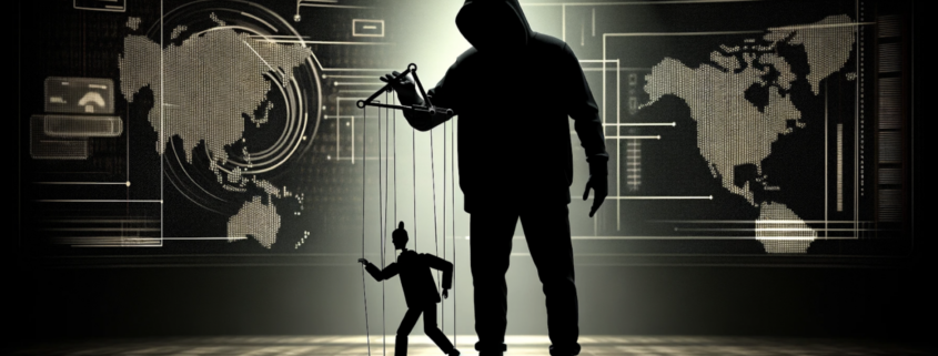 A photo-realistic depiction of a shadowy hacker silhouette manipulating the strings of a marionette puppet in a dark room. The puppet symbolizes social engineering.