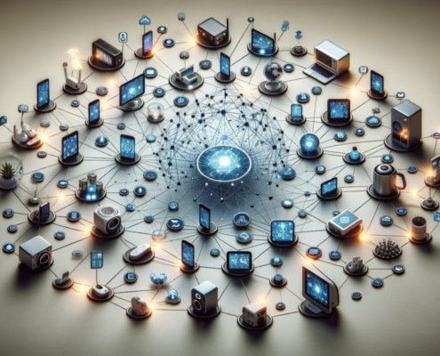 A photo-realistic depiction of a network of interconnected IoT devices, including smart home appliances and sensors, connected by glowing lines against a neutral background, symbolizing the complexity of IoT networks.