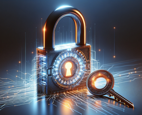 A photo-realistic depiction of a lock and key, symbolizing encryption, against a clean background. The lock has streams of glowing digital data flowing through it, representing cryptographic protection. The image features a blend of orange and blue colors, emphasizing a modern, technological theme.