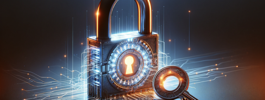 A photo-realistic depiction of a lock and key, symbolizing encryption, against a clean background. The lock has streams of glowing digital data flowing through it, representing cryptographic protection. The image features a blend of orange and blue colors, emphasizing a modern, technological theme.