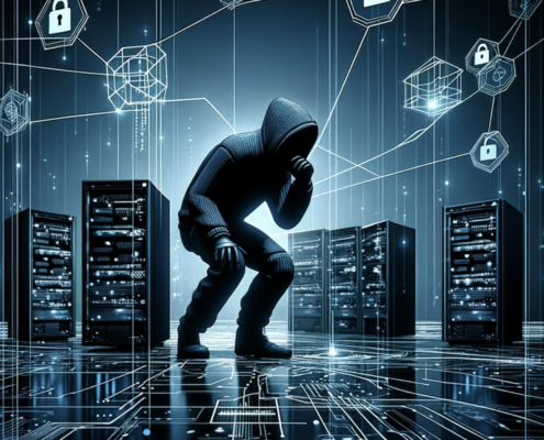 An illustration of a cyber attacker covertly observing a network, symbolizing the reconnaissance phase. The image should capture the stealth and strategic planning involved in this stage.