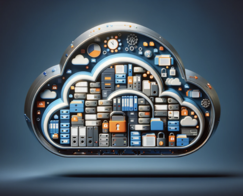 A photo-realistic illustration of a large cloud filled with data symbols like files, folders, and secure locks, symbolizing cloud backup solutions. The cloud is prominent, set against a simple background with shades of orange and blue, emphasizing data accessibility and security in a modern cloud storage environment.