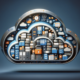 A photo realistic illustration of a large cloud filled with data symbols like files, folders, and secure locks, symbolizing cloud backup solutions. The cloud is prominent, set against a simple background with shades of orange and blue, emphasizing data accessibility and security in a modern cloud storage environment.
