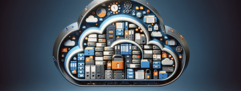 A photo realistic illustration of a large cloud filled with data symbols like files, folders, and secure locks, symbolizing cloud backup solutions. The cloud is prominent, set against a simple background with shades of orange and blue, emphasizing data accessibility and security in a modern cloud storage environment.