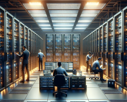 A photo-realistic image depicting a server room filled with racks of servers and networking equipment, illustrating the technical aspect of disaster recovery. IT professionals in business casual attire are actively engaged in tasks, highlighting proactive disaster recovery management. The room features a simple and clean design with ambient lighting, and the color scheme includes shades of orange and blue, symbolizing a modern and efficient IT workspace.