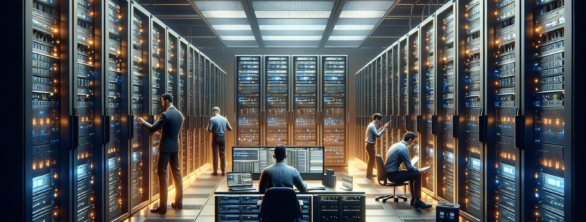 A photo realistic image depicting a server room filled with racks of servers and networking equipment, illustrating the technical aspect of disaster recovery. IT professionals in business casual attire are actively engaged in tasks, highlighting proactive disaster recovery management. The room features a simple and clean design with ambient lighting, and the color scheme includes shades of orange and blue, symbolizing a modern and efficient IT workspace.