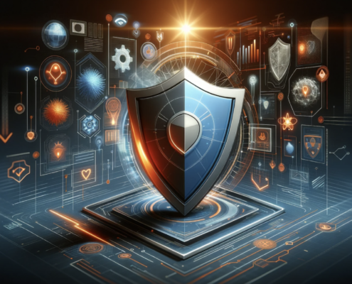 A photo-realistic image showing an abstract shield, symbolizing a business continuity plan, amidst various digital threats. The design is simple, with orange and blue colors enhancing the modern, protective theme.