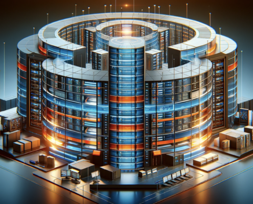 A photo-realistic illustration of a data center, showcasing multiple layers of protection to highlight redundancy and replication in backup strategies. The center features firewalls, secure access points, and backup servers, each layer distinct and emphasizing various security measures. The design is simple and clean, with a color scheme of orange and blue, symbolizing the sophistication and efficiency of modern data centers.