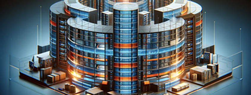 A photo realistic illustration of a data center, showcasing multiple layers of protection to highlight redundancy and replication in backup strategies. The center features firewalls, secure access points, and backup servers, each layer distinct and emphasizing various security measures. The design is simple and clean, with a color scheme of orange and blue, symbolizing the sophistication and efficiency of modern data centers.
