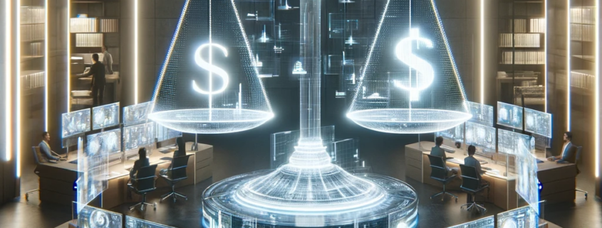 A futuristic office with a holographic dollar sign scale at the center, surrounded by professionals working at their desks and decision-makers observing, reflecting a high-tech, efficient corporate environment.